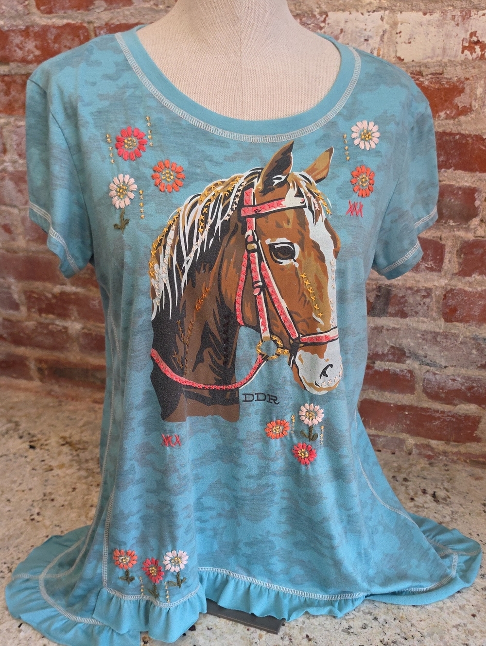 Blue Horse Graphic Ruffle Hem Tee - 1812